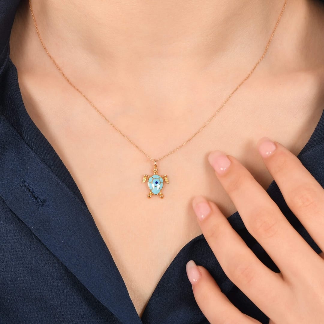 Blue Enamel Turtle Necklace